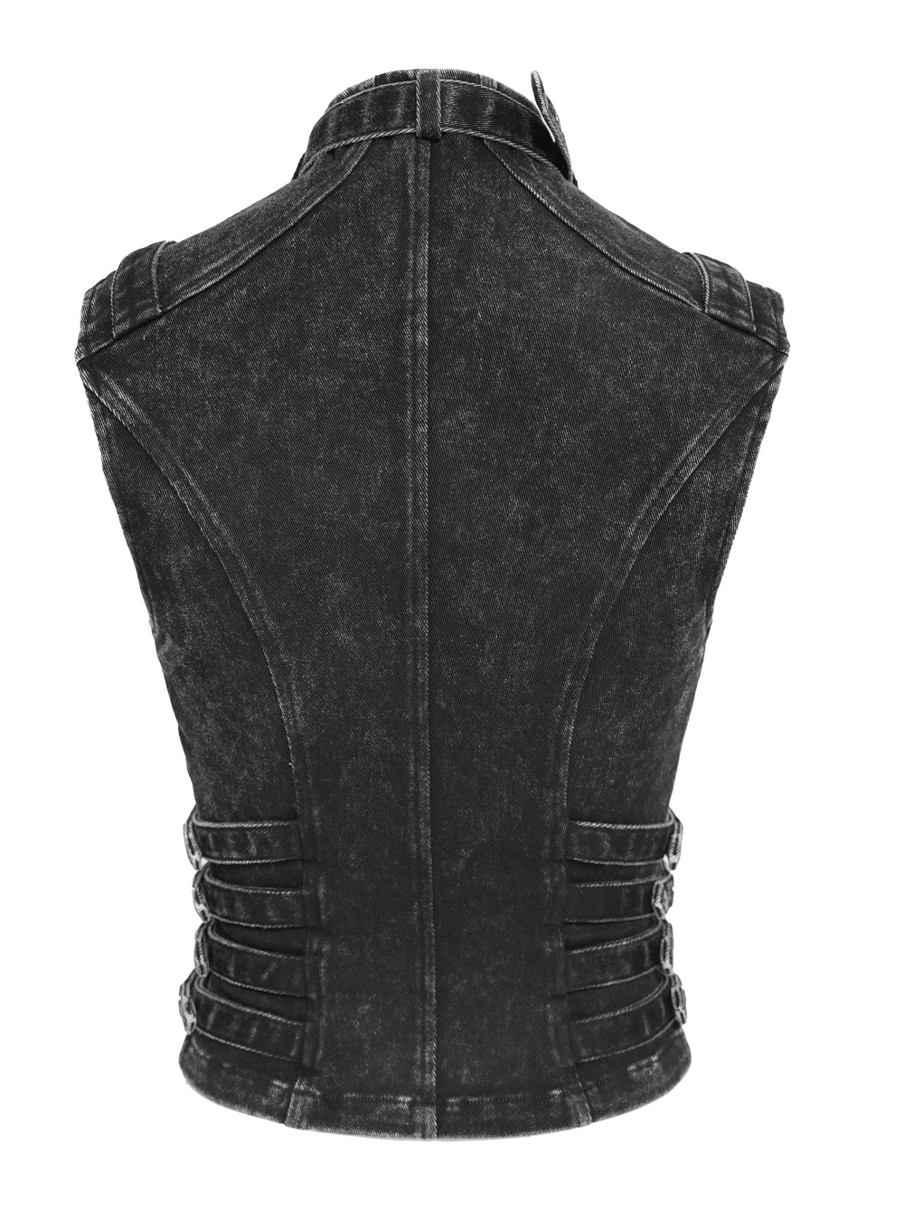 Distressed Gothic Vest With Buckle Strap Detail back view showcasing side buckle tabs and layered design.