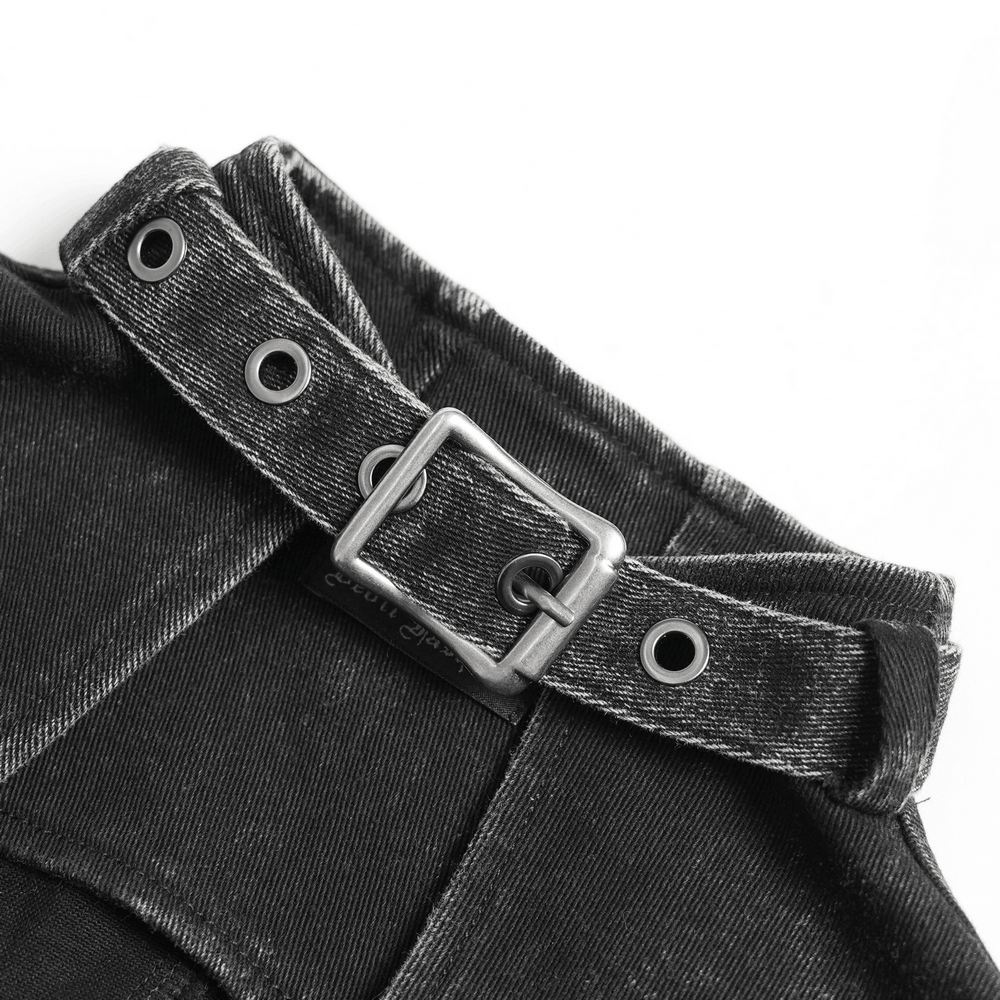 Detail of the buckle strap on the Distressed Gothic Vest With Buckle Strap Detail, featuring industrial punk design.