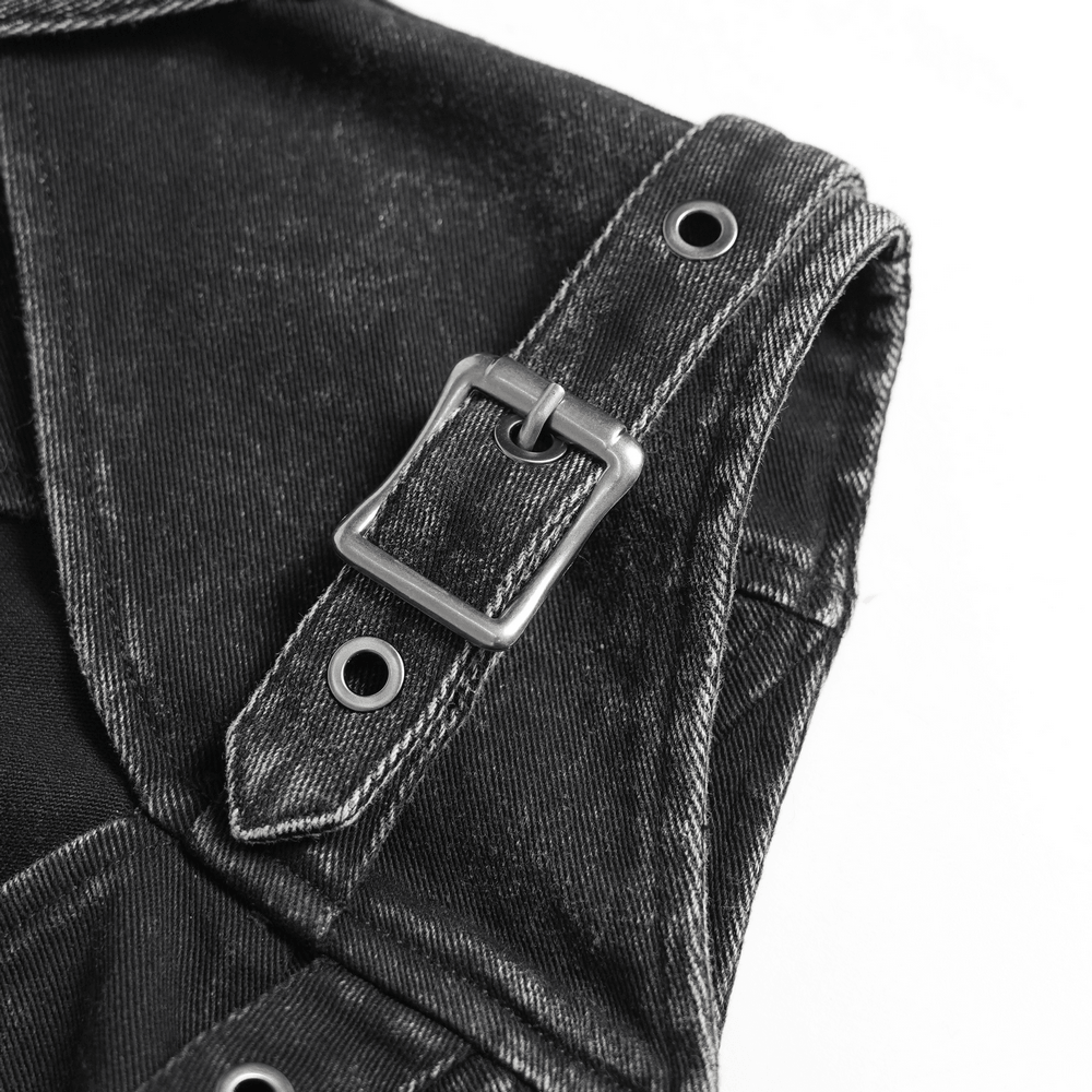 Distressed Gothic Vest With Buckle Strap Detail showing detailed buckle strap on black distressed fabric.
