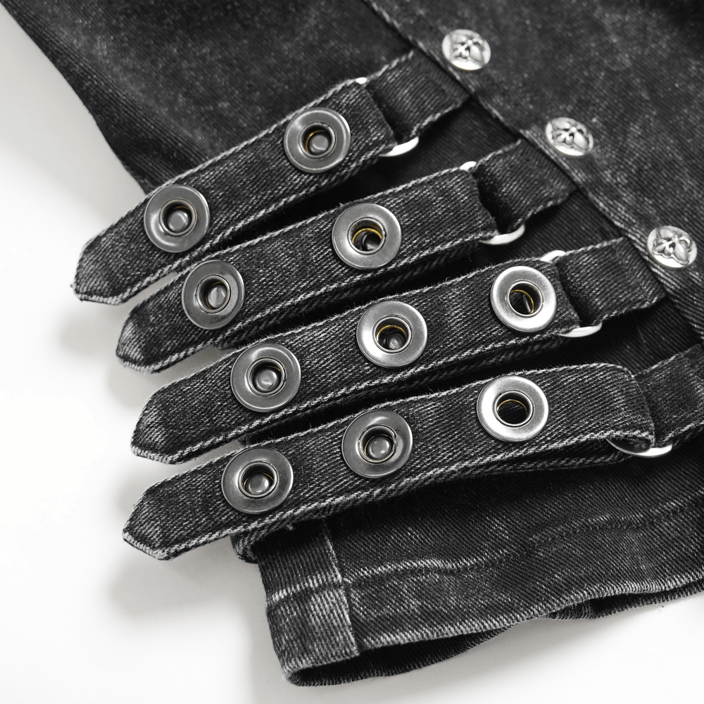 Distressed Gothic Vest With Buckle Strap Detail showing buckle strap detail and industrial design elements.
