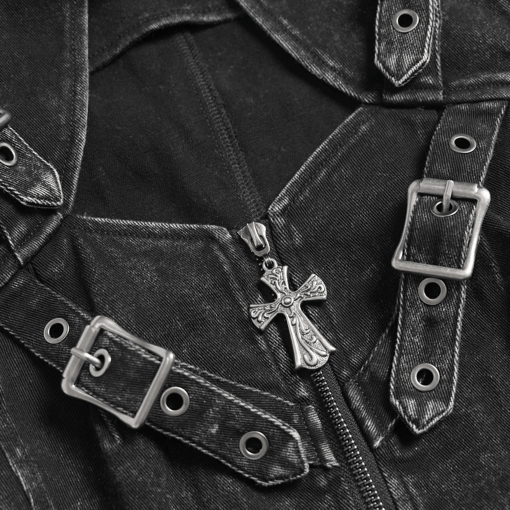 Distressed Gothic Vest With Buckle Strap Detail showcasing silver cross pendant and buckle straps.
