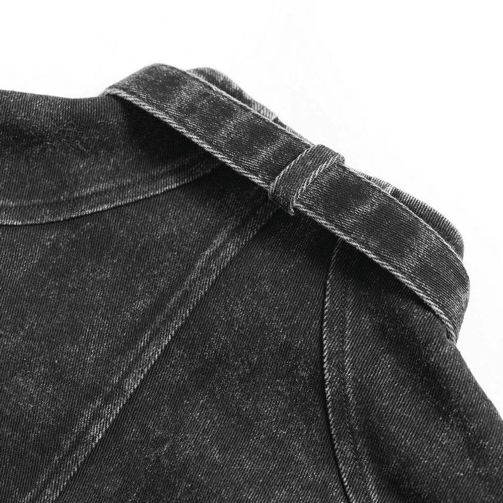 Close-up of Distressed Gothic Vest With Buckle Strap Detail showcasing buckle strap and distressed fabric.
