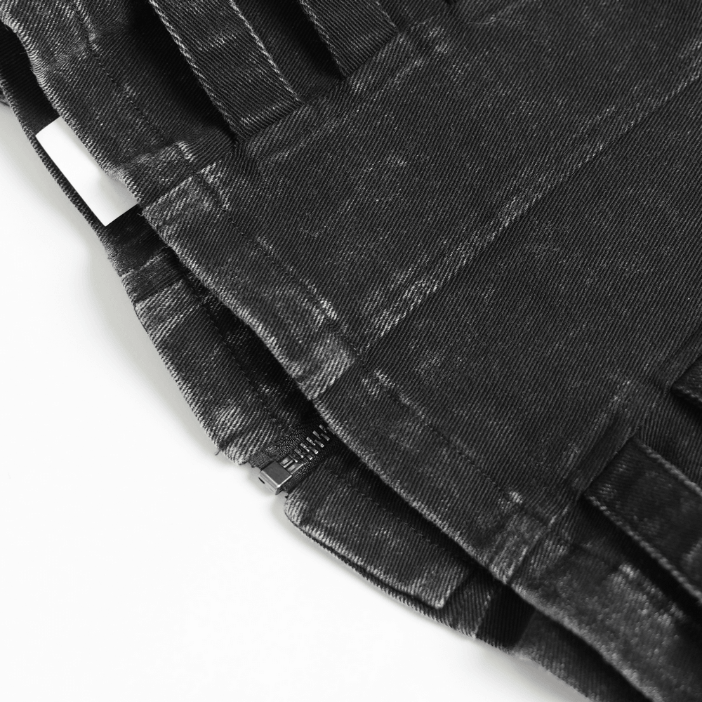 Distressed Gothic Vest With Buckle Strap Detail showing zipper and straps detail in black fabric.