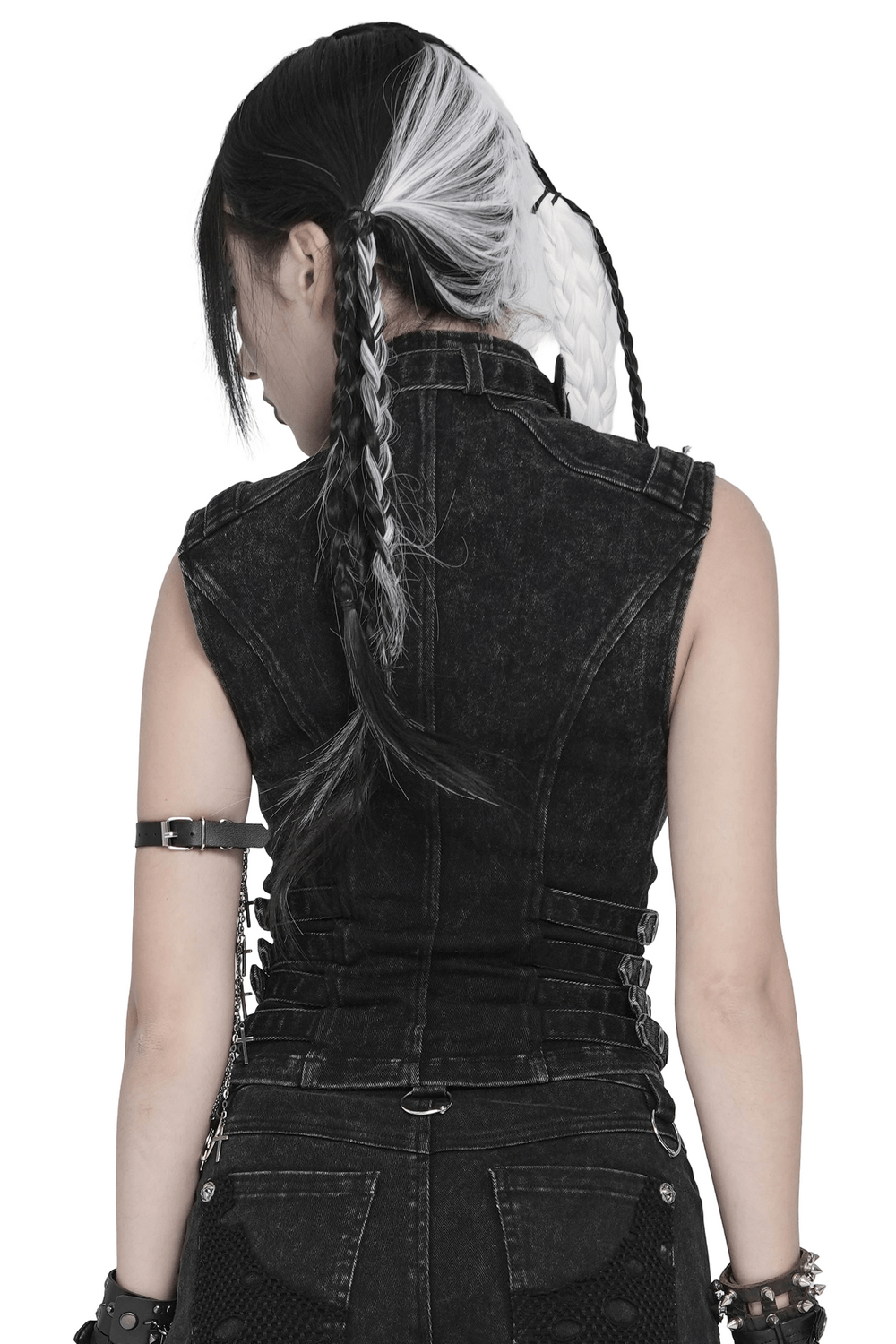 Distressed Gothic Vest With Buckle Strap Detail worn from the back, showcasing its edgy design and fit.