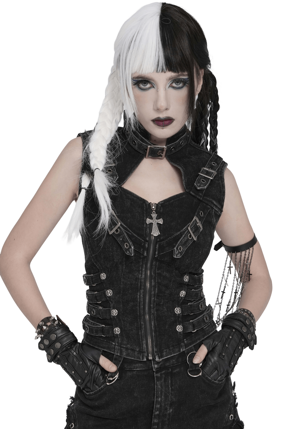 Distressed Gothic Vest With Buckle Strap Detail worn by a model featuring a choker and striking black and white hair.