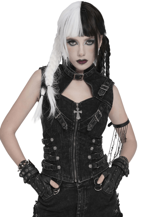 Gothic-Weste im Used-Look mit Schnallendetail
