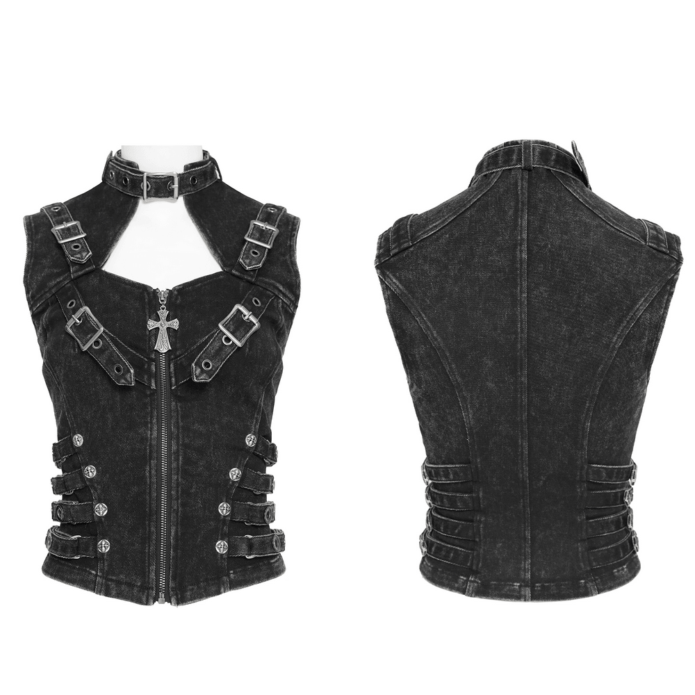 Distressed Gothic Vest With Buckle Strap Detail featuring a front zipper, choker neckline, and buckle tabs.