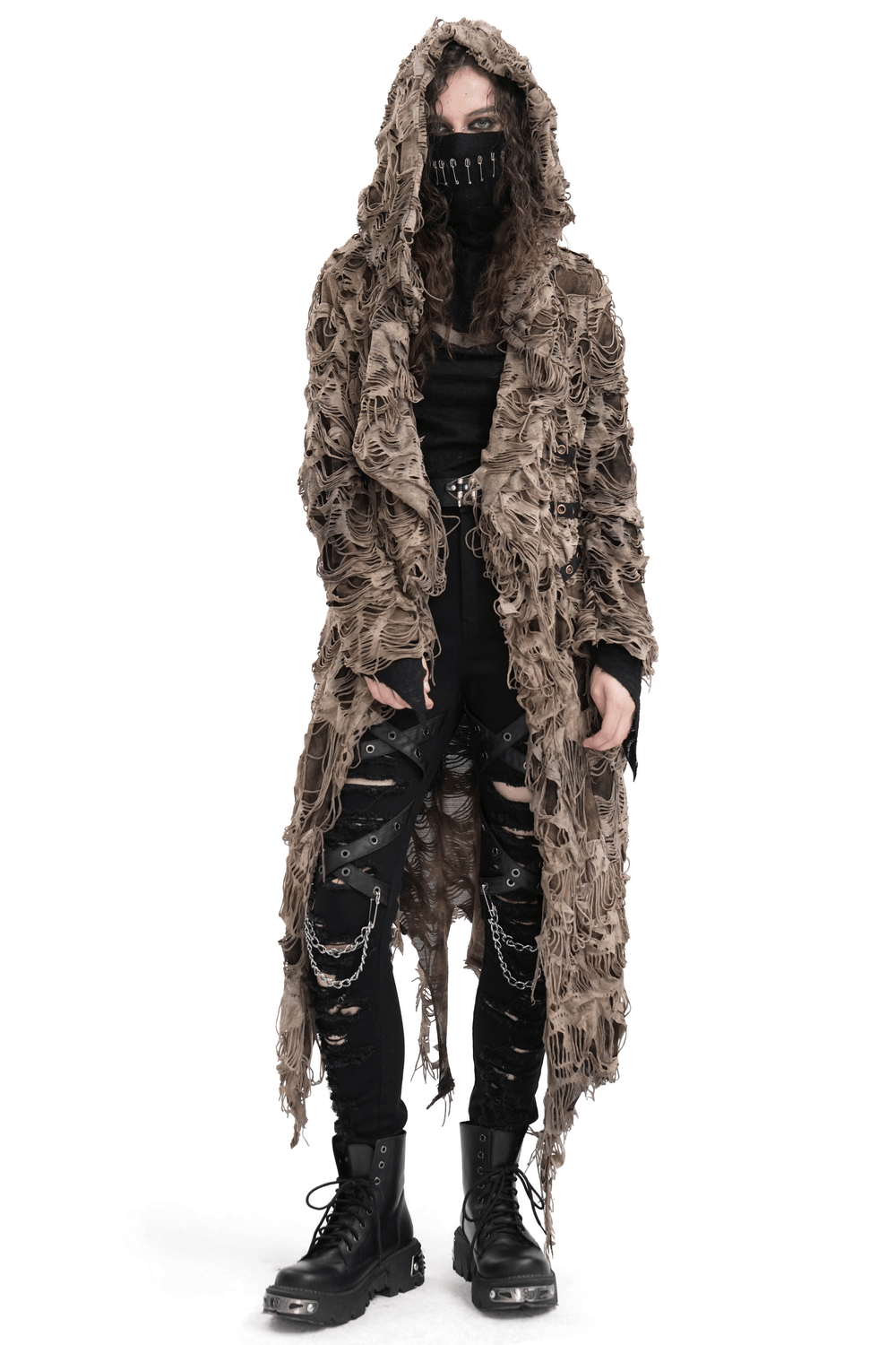 Distressed hooded duster cape with grunge layers, perfect for alternative streetwear enthusiasts.