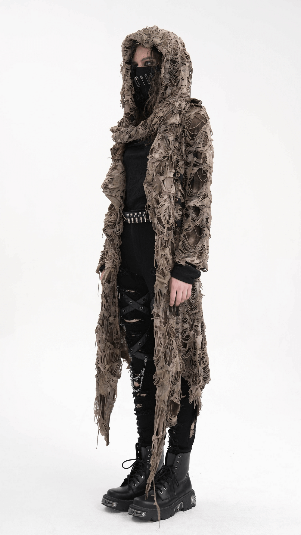 Distressed hooded duster cape with grunge layers, perfect for alternative streetwear and edgy fashion enthusiasts.