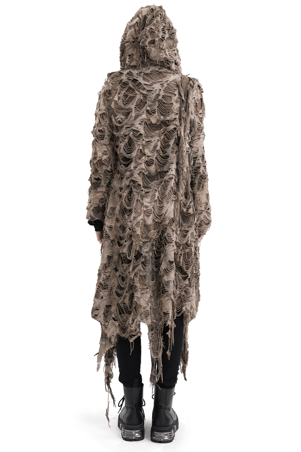 Distressed hooded duster cape with grunge layers, featuring a unique shredded design for alternative streetwear.