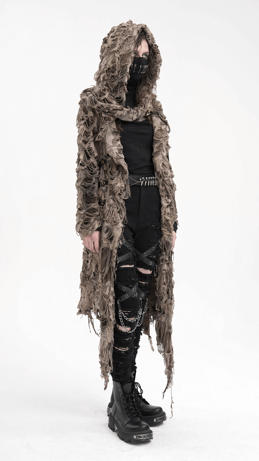 Distressed hooded duster cape with grunge layers, featuring a shredded design and oversized hood for alternative streetwear style.