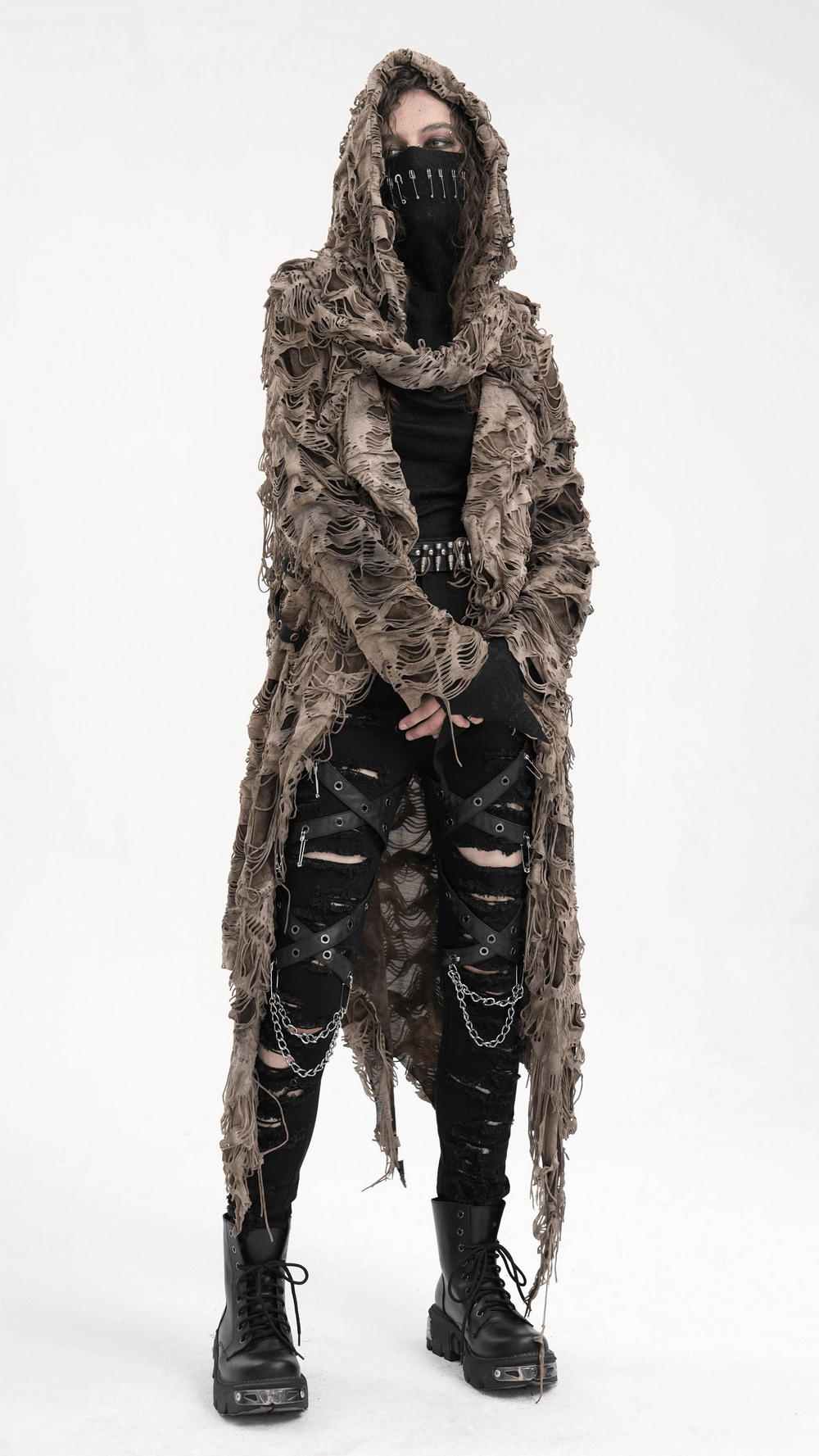 Distressed hooded duster cape with grunge layers, perfect for alternative streetwear fashion lovers.