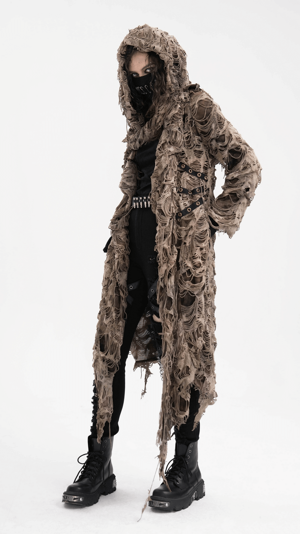 Distressed hooded duster cape with grunge layers, perfect for alternative streetwear fashion.