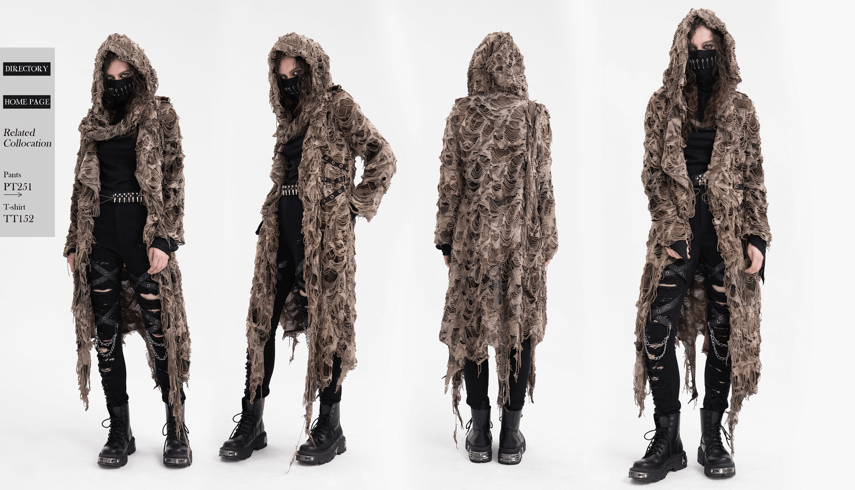 Distressed hooded duster cape showcasing shredded layers, perfect for alternative streetwear enthusiasts.