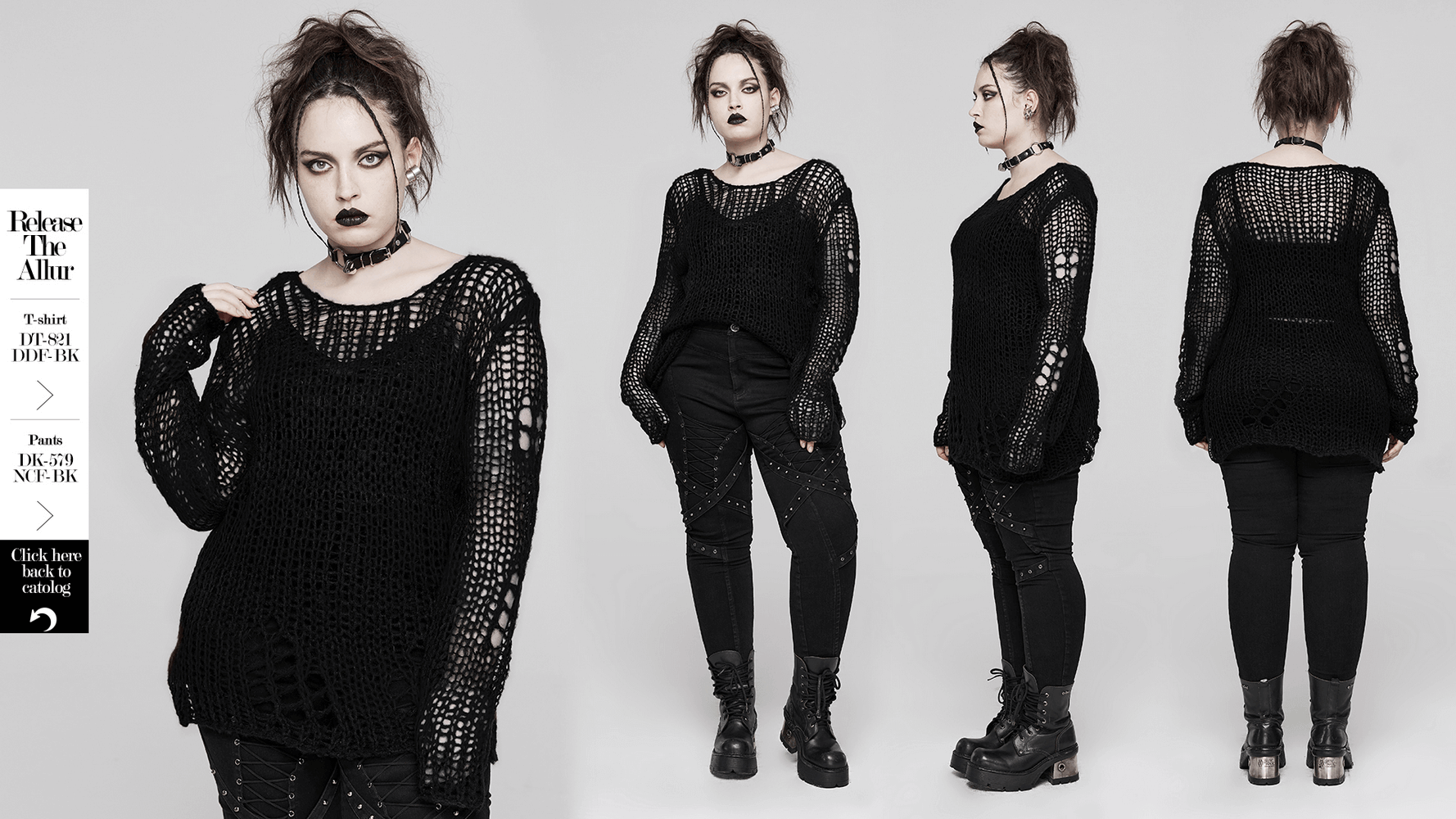 Oversized distressed mohair pullover sweater with holes, edgy striped design, and punk attitude, styled with dark pants.