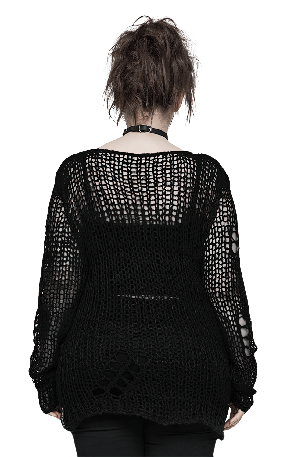 Back view of a distressed mohair pullover sweater with punk holes and a loose fit, showcasing an edgy aesthetic.
