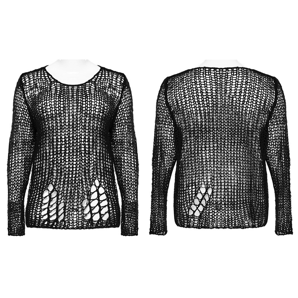 Distressed black mohair pullover sweater featuring punk holes and an edgy striped design, perfect for a rebellious look.