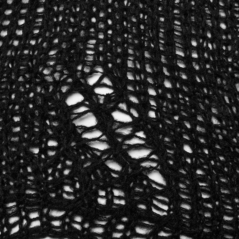 Close-up of distressed mohair sweater fabric with edgy holes and textured striped design, perfect for a punk-inspired look.