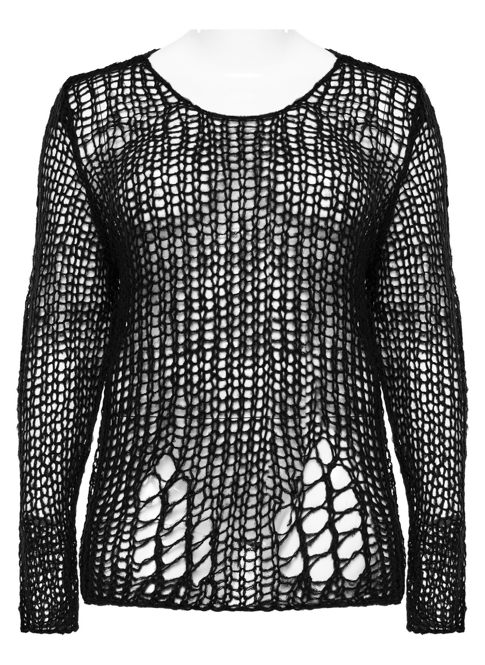 Distressed black mohair pullover sweater with edgy holes and a loose fit, perfect for a punk-inspired look.