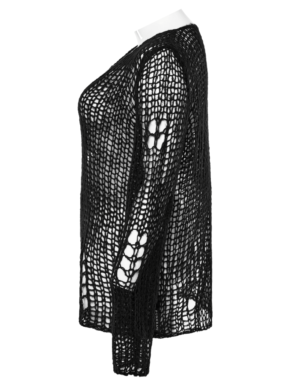 Side view of a distressed mohair pullover sweater with edgy holes and a loose fit, perfect for a rebellious look.