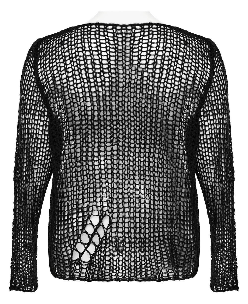 Back view of a distressed black mohair pullover sweater showcasing edgy holes and a relaxed silhouette.