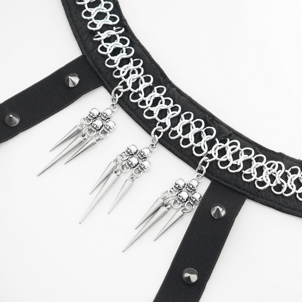 Close-up of punk-inspired harness with skull and spike accents, perfect for edgy fashion lovers.