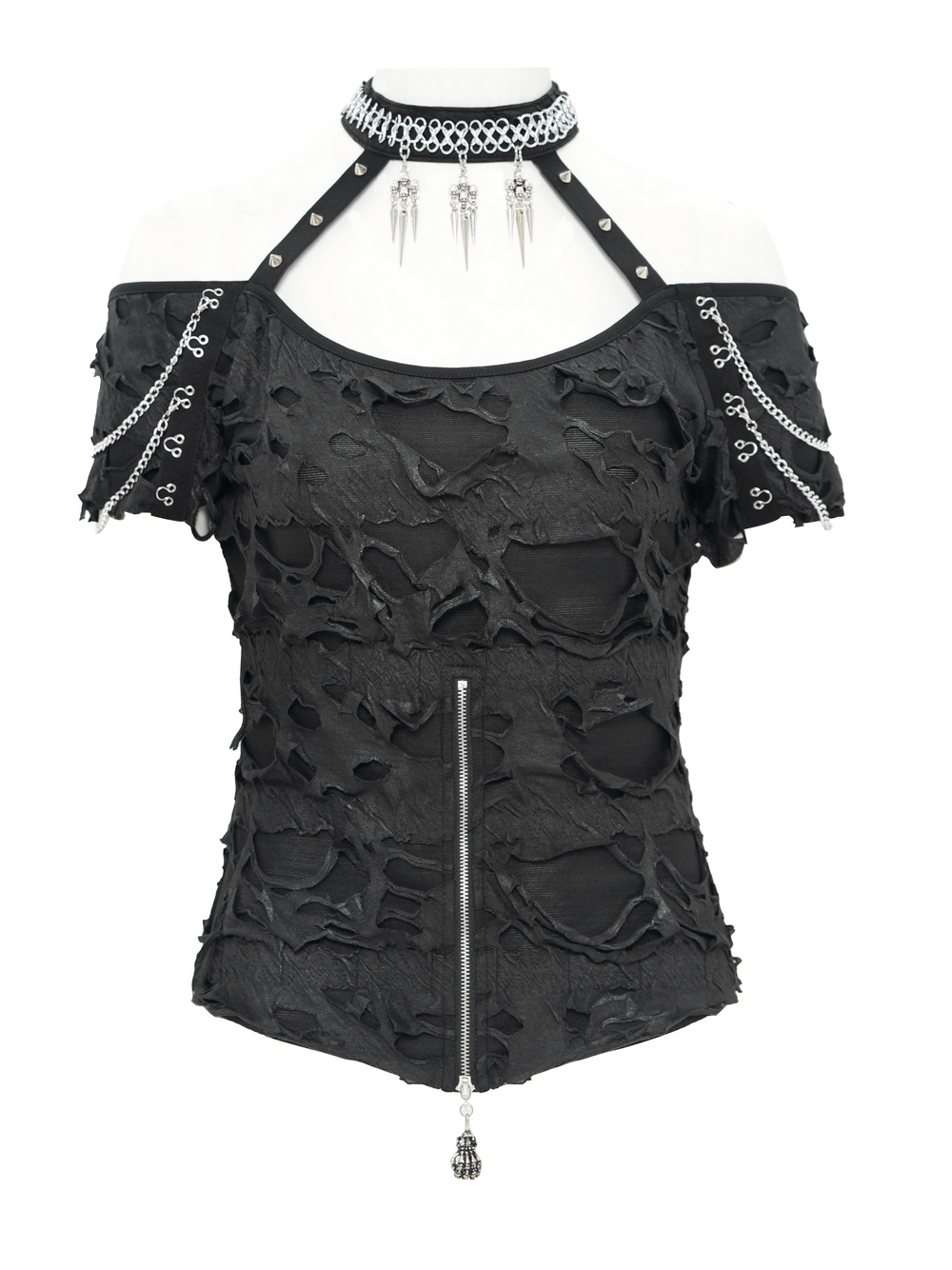 Distressed off-shoulder top with chains, zipper, and punk harness accents for a bold gothic look.