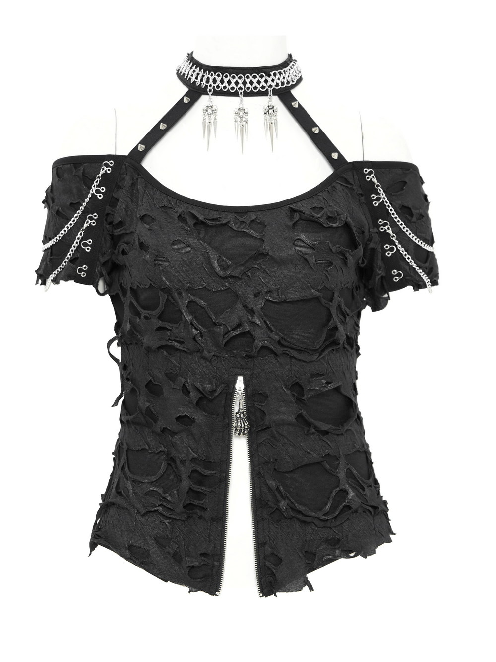 Distressed off-shoulder top with chains, zipper, and punk ripped design for edgy, gothic style.