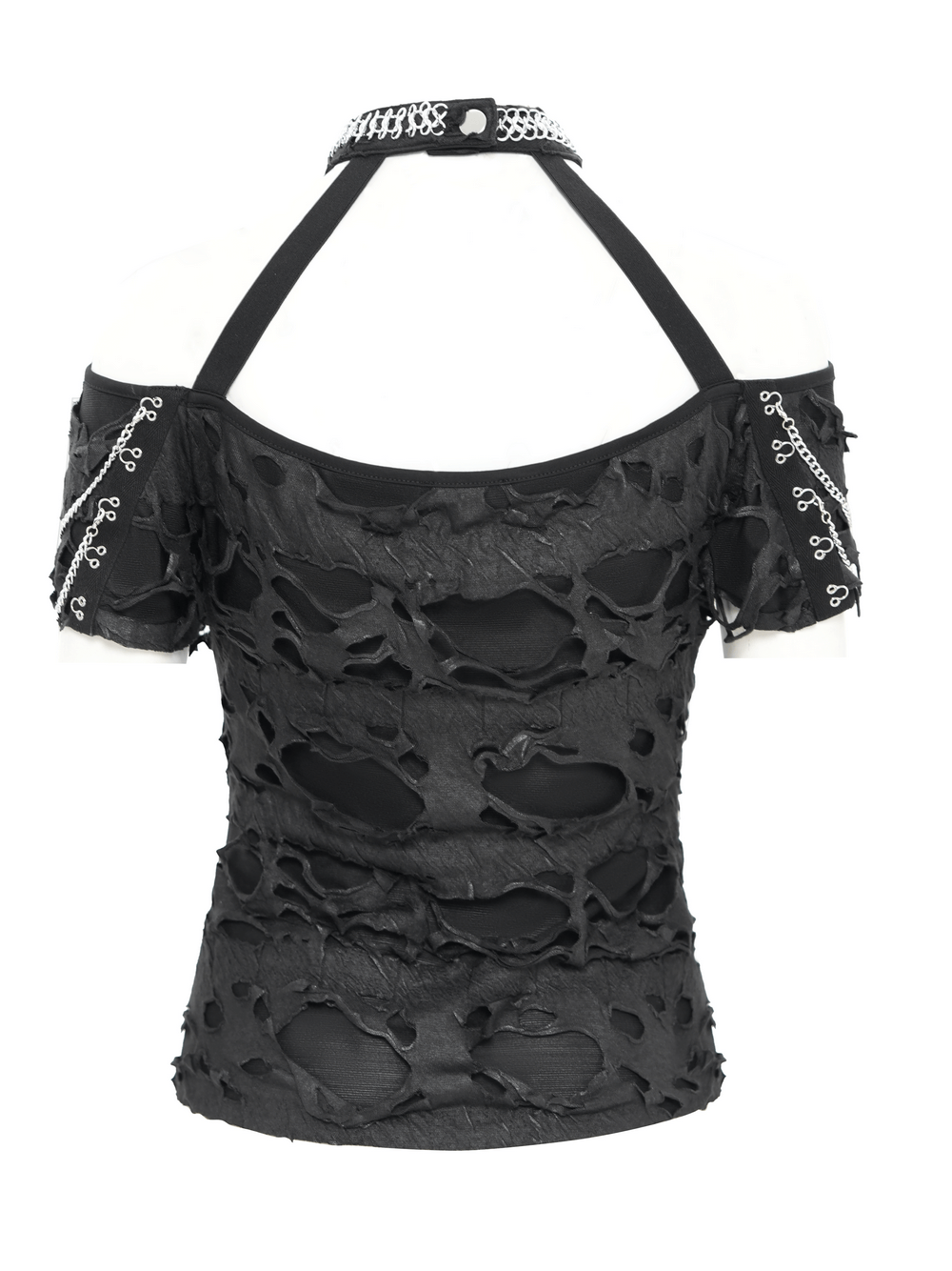 Distressed black off-shoulder top with ripped design, chain accents, and halter straps, perfect for punk fashion.