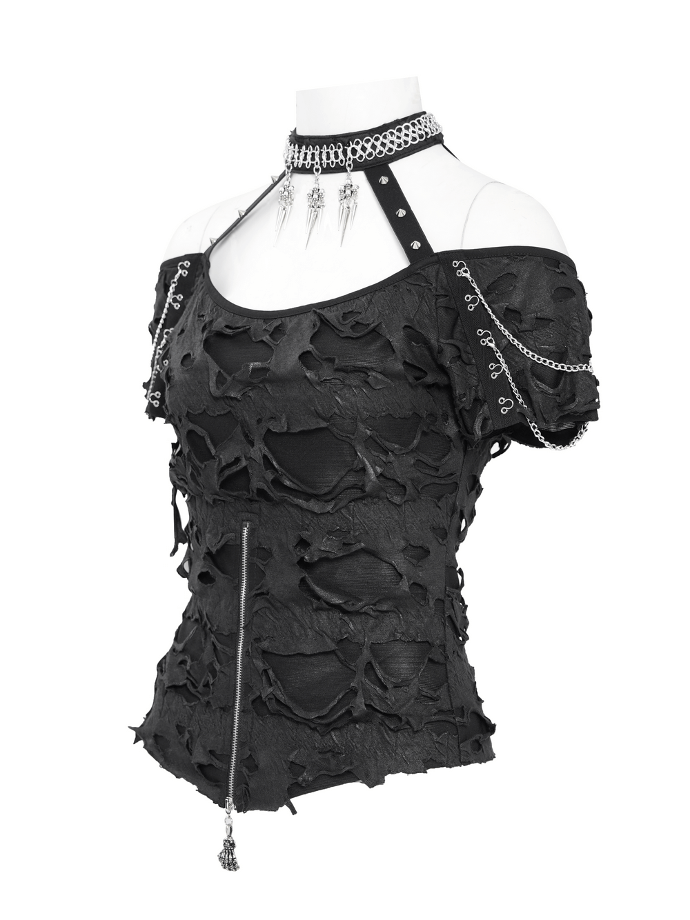 Distressed black off-shoulder top with chains, zipper, and punk-inspired ripped design.