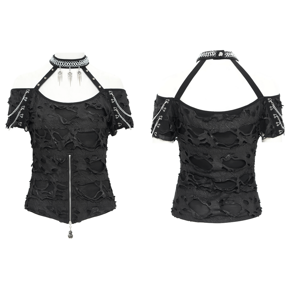Distressed black off-shoulder top with chain accents, zipper detail, and punk ripped design.