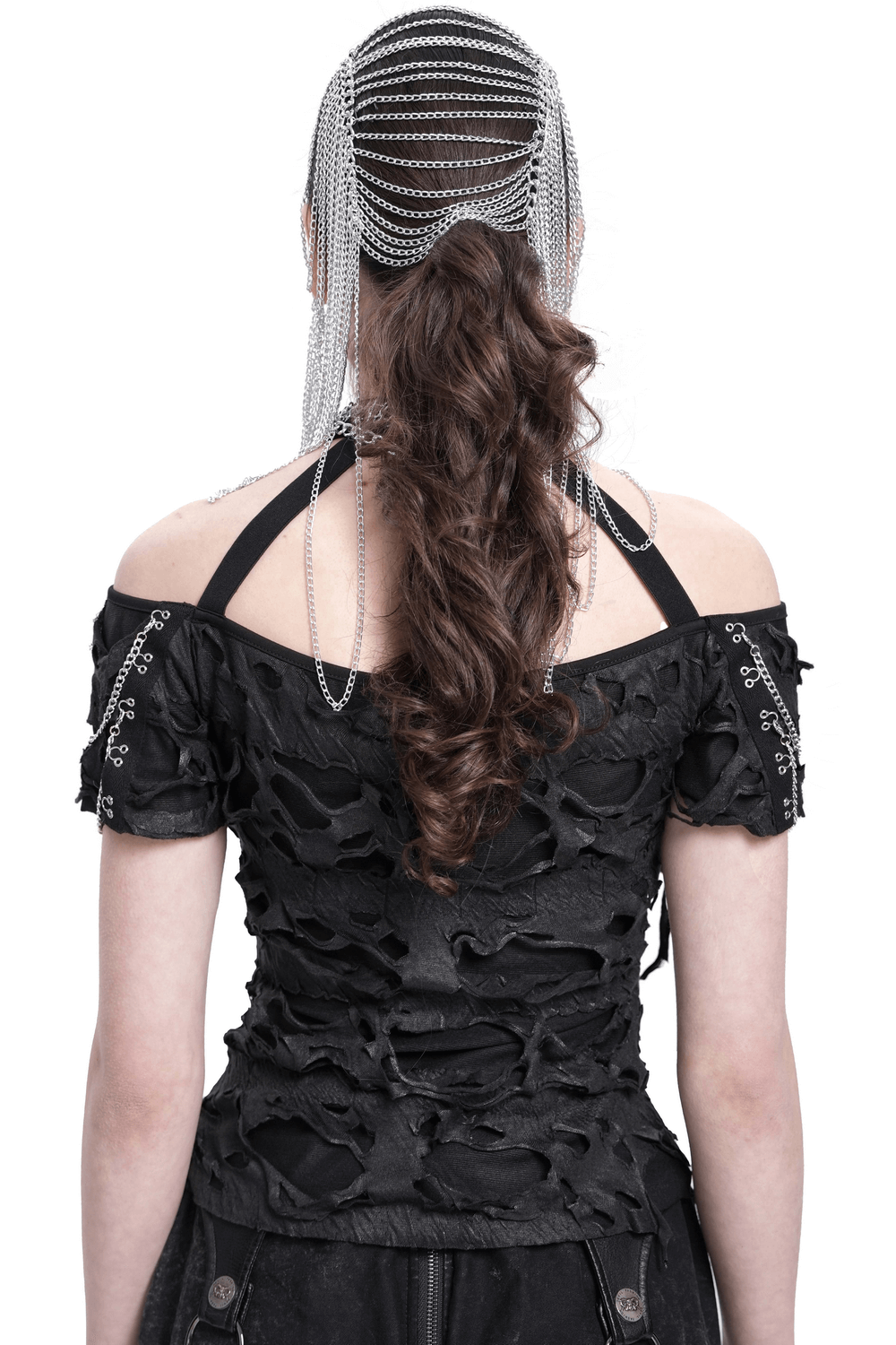 Distressed off-shoulder punk top featuring chain accents and ripped design from the back view.