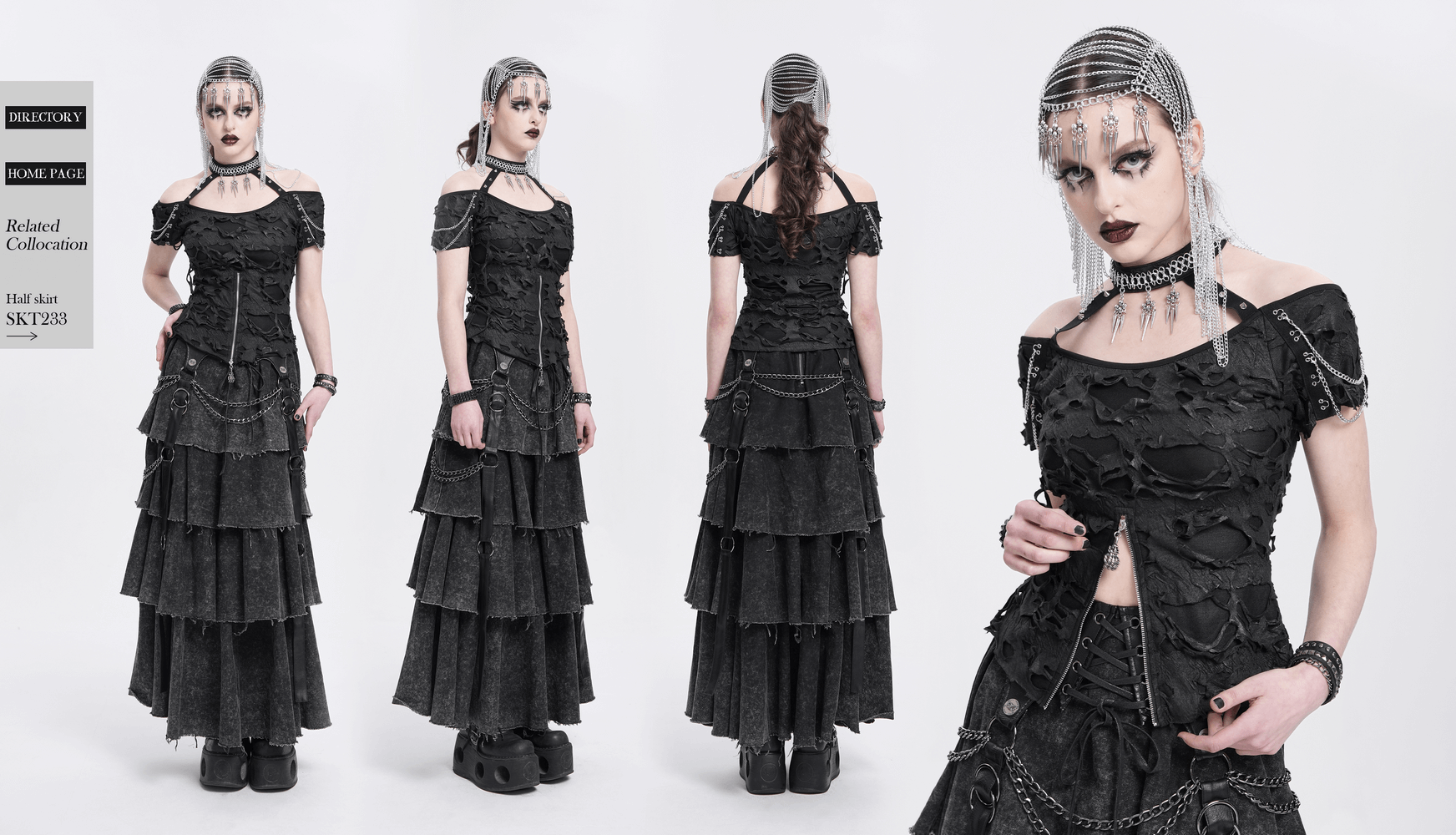 Punk distressed off-shoulder top with chains, zipper detail, and layered skirt for a rebellious gothic look.