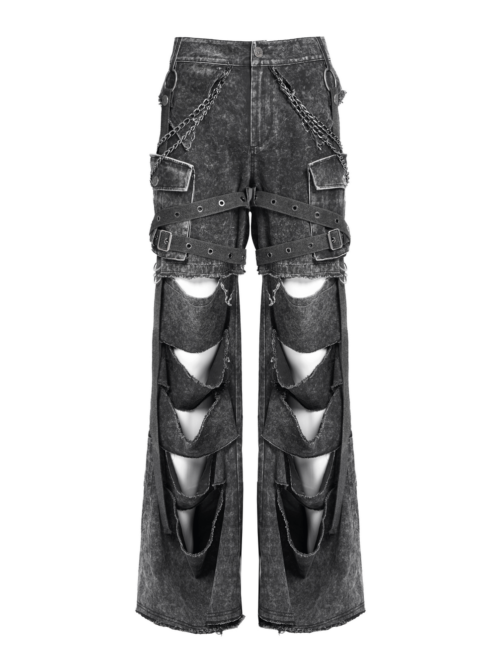 Distressed men's punk flare pants with chains, straps, and ripped panels for edgy fashion.