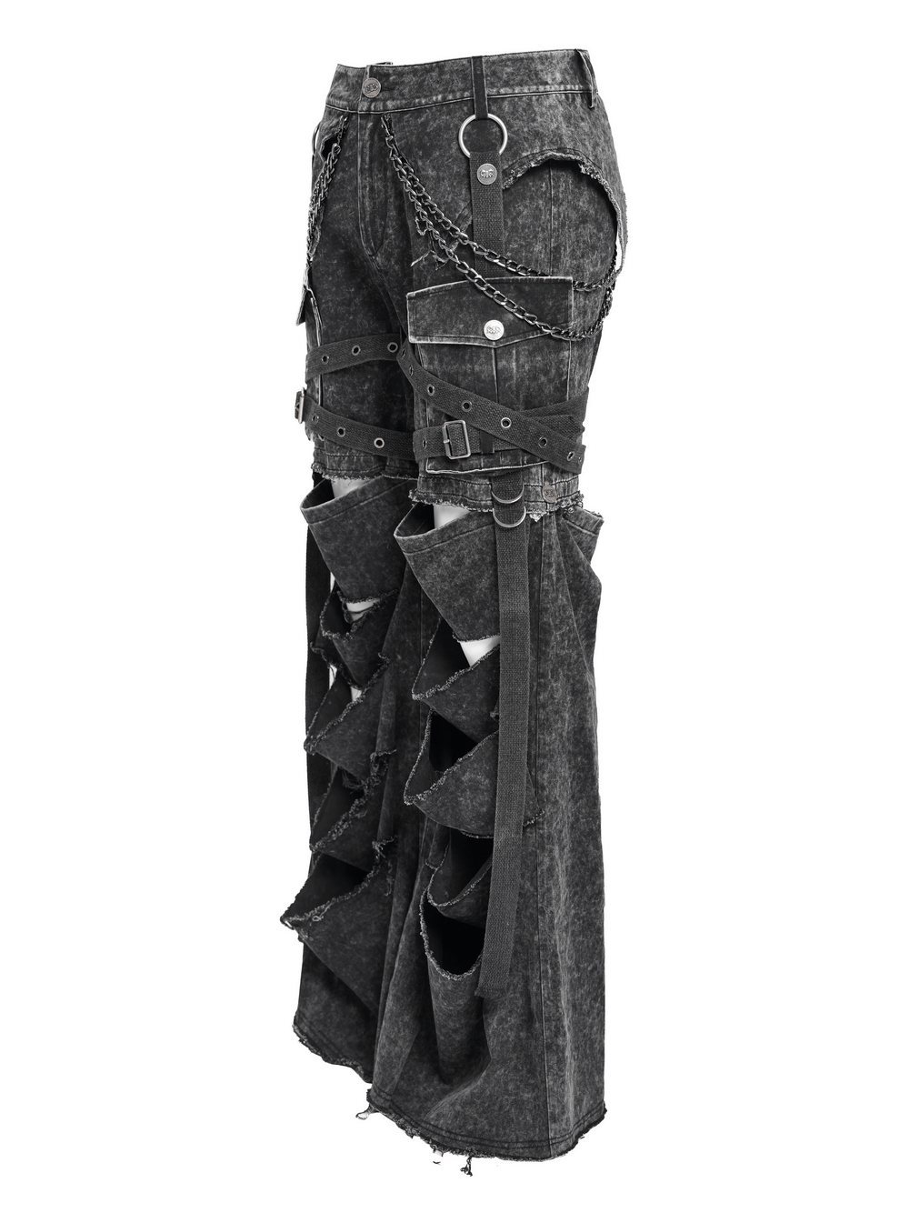 Men's distressed punk flare pants with chains and buckle straps, featuring bold ripped details for an edgy look.