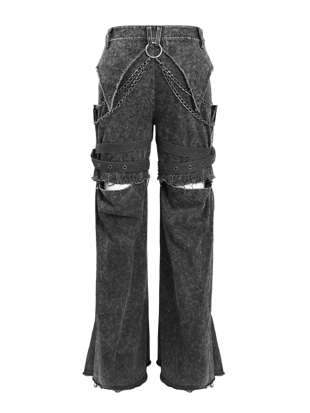 Men's distressed black flare pants with chains, buckles, and ripped details for punk and gothic fashion.