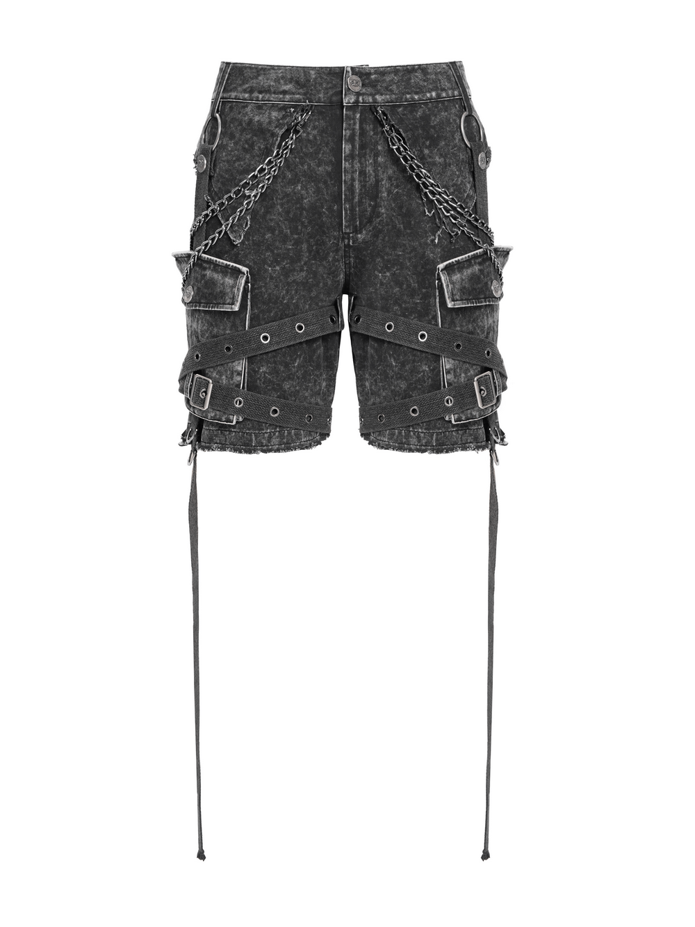 Distressed black denim shorts with chains, pocket straps, and punk style details for edgy fashion lovers.