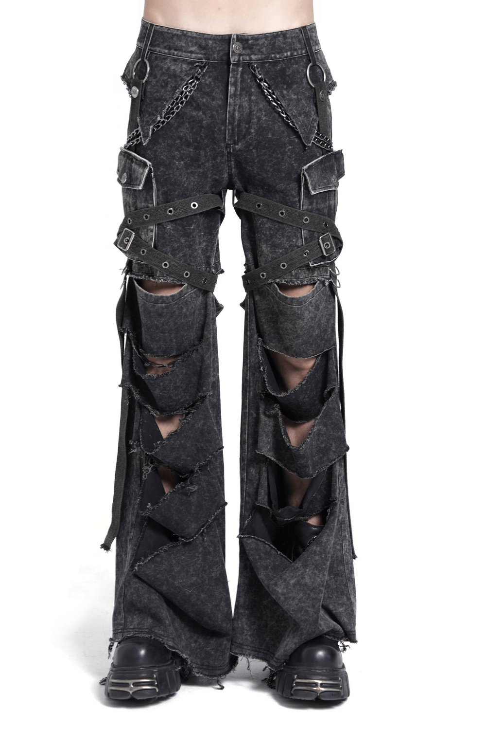 Men's distressed flare pants with chains and straps, featuring bold ripped panels for a punk-inspired look.