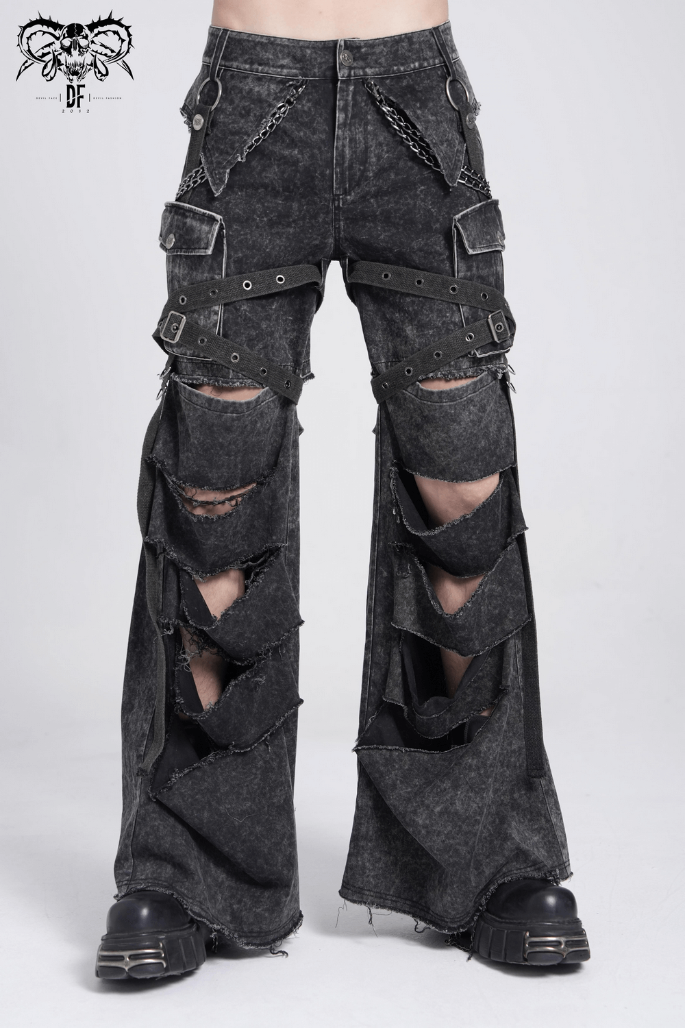 Men's distressed punk flare pants with chains and ripped panels for edgy streetwear style.