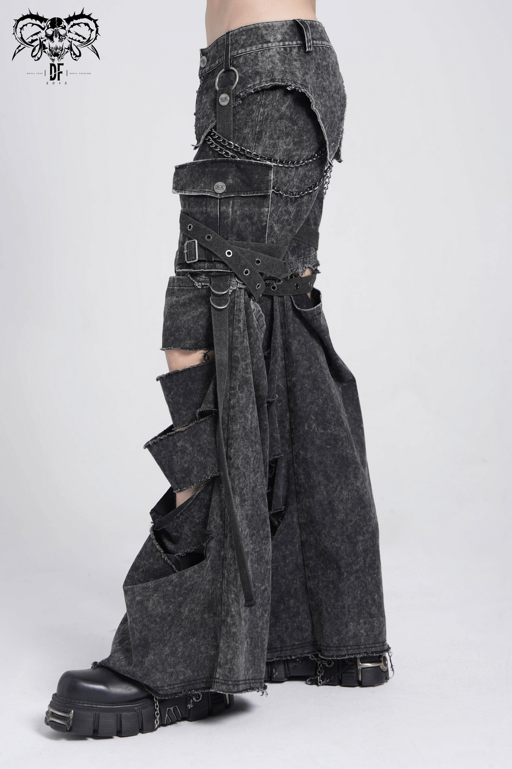 Men's distressed black flare pants with chains and buckle details, perfect for punk-inspired fashion.
