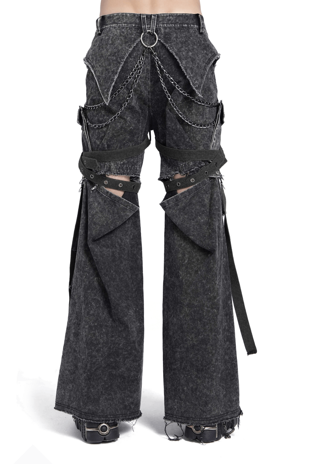 Men's distressed flare pants with chains, buckles, and ripped details, perfect for punk and edgy fashion looks.