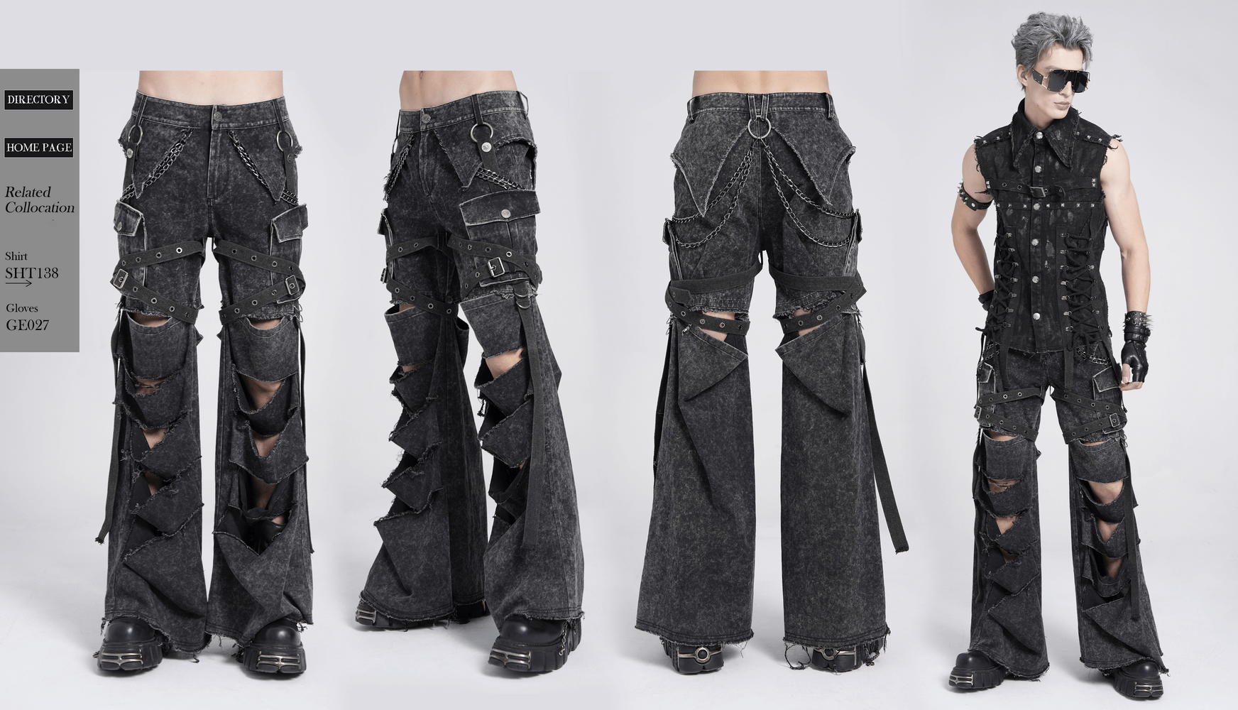 Men's distressed black punk flare pants with chains, buckles, and ripped panels for edgy fashion.
