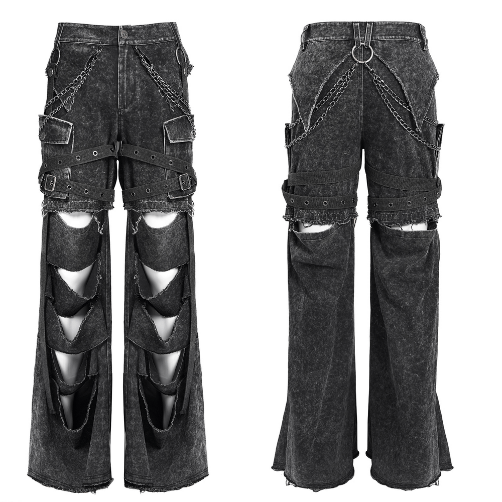 Distressed black flare pants for men with chains, buckles, and ripped details for a punk-inspired edgy style.