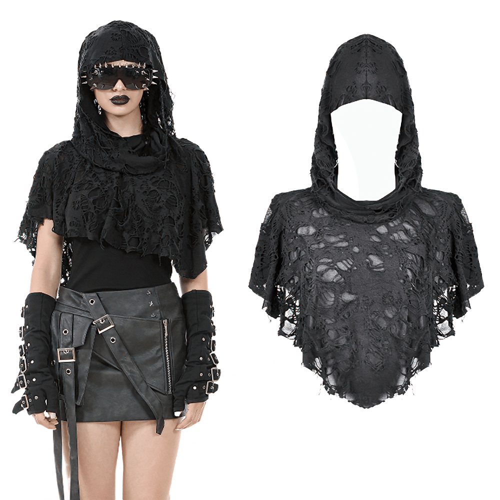 Distressed punk hooded poncho cape with tattered design, perfect for edgy streetwear vibes.