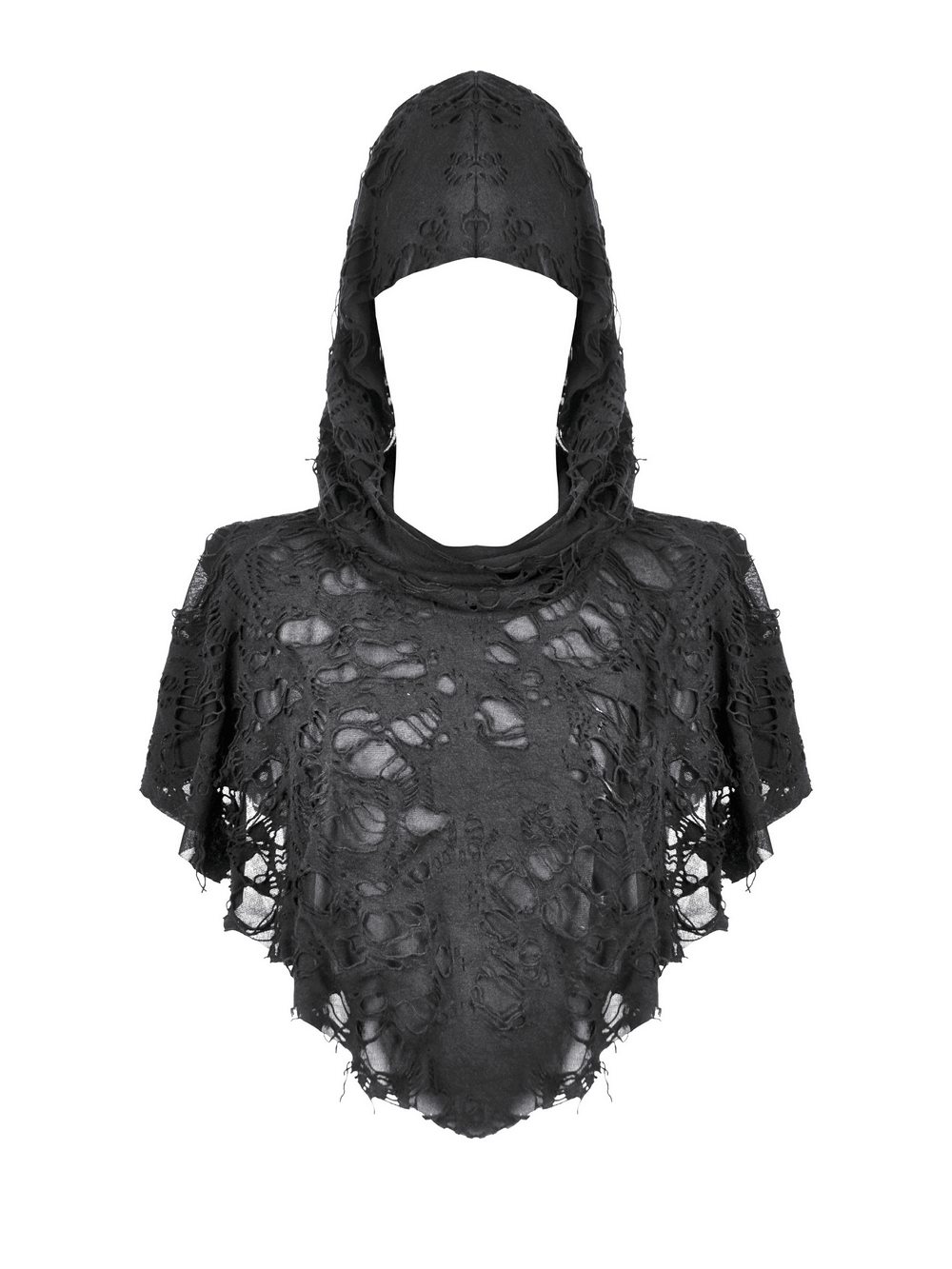 Distressed punk hooded poncho cape with tattered design, perfect for a bold, edgy fashion statement.