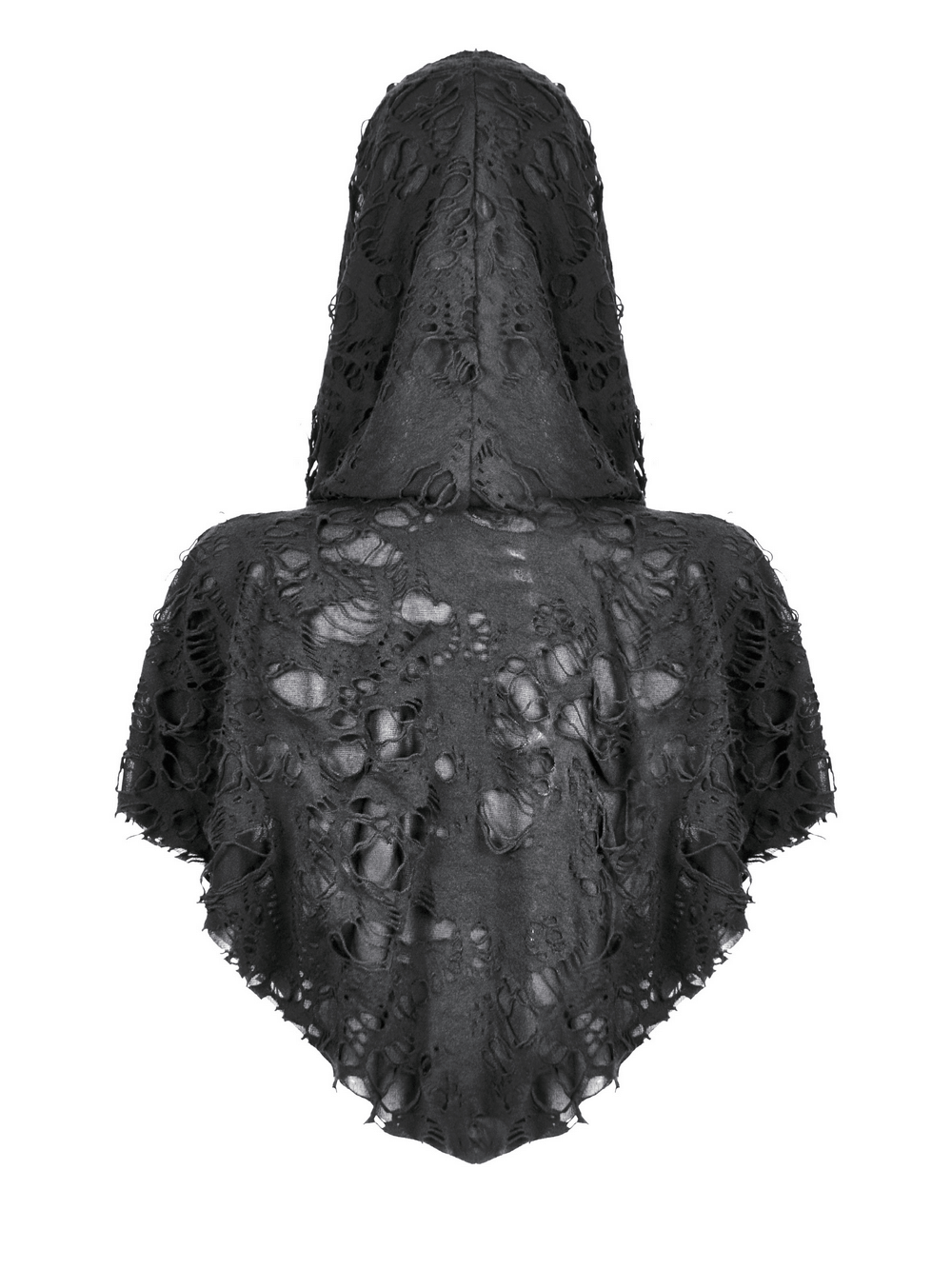 Distressed punk hooded poncho cape in black with a tattered design, showcasing a unique fashion statement.