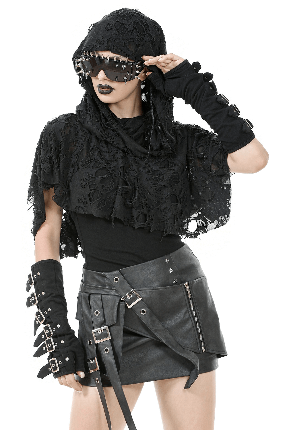 Distressed punk hooded poncho cape with tattered design, black lace and edgy accessories for a bold style.
