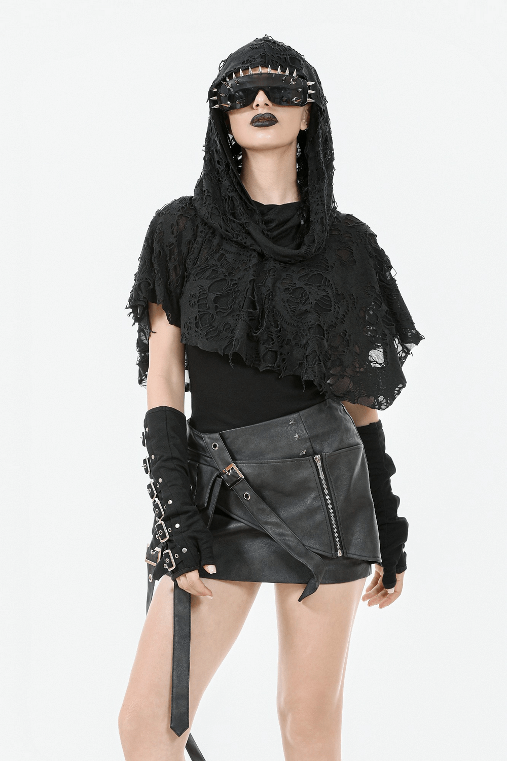Fashionable distressed punk hooded poncho cape featuring a tattered design, perfect for edgy style enthusiasts.