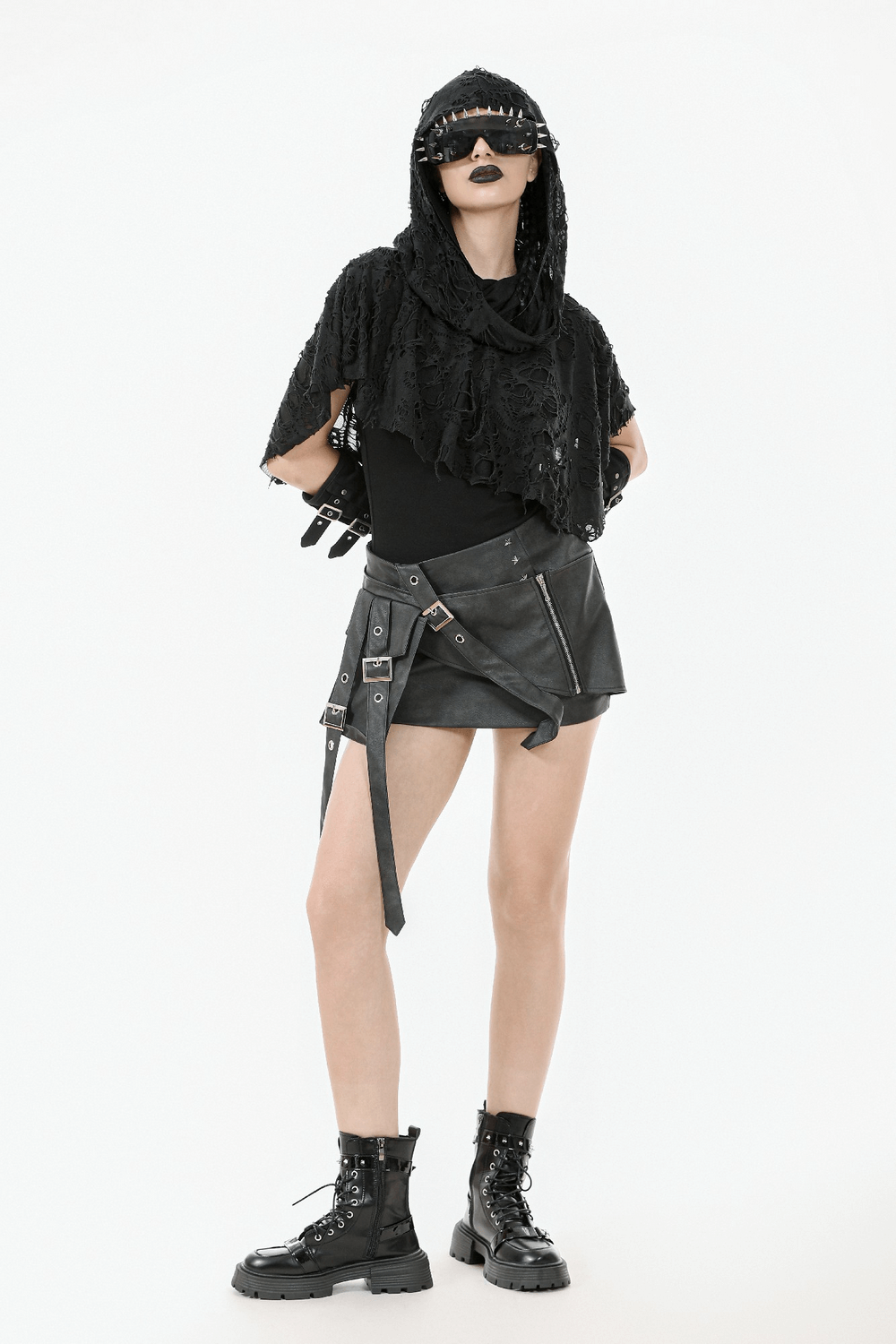 Distressed punk hooded poncho cape with tattered design, perfect for edgy street style enthusiasts.