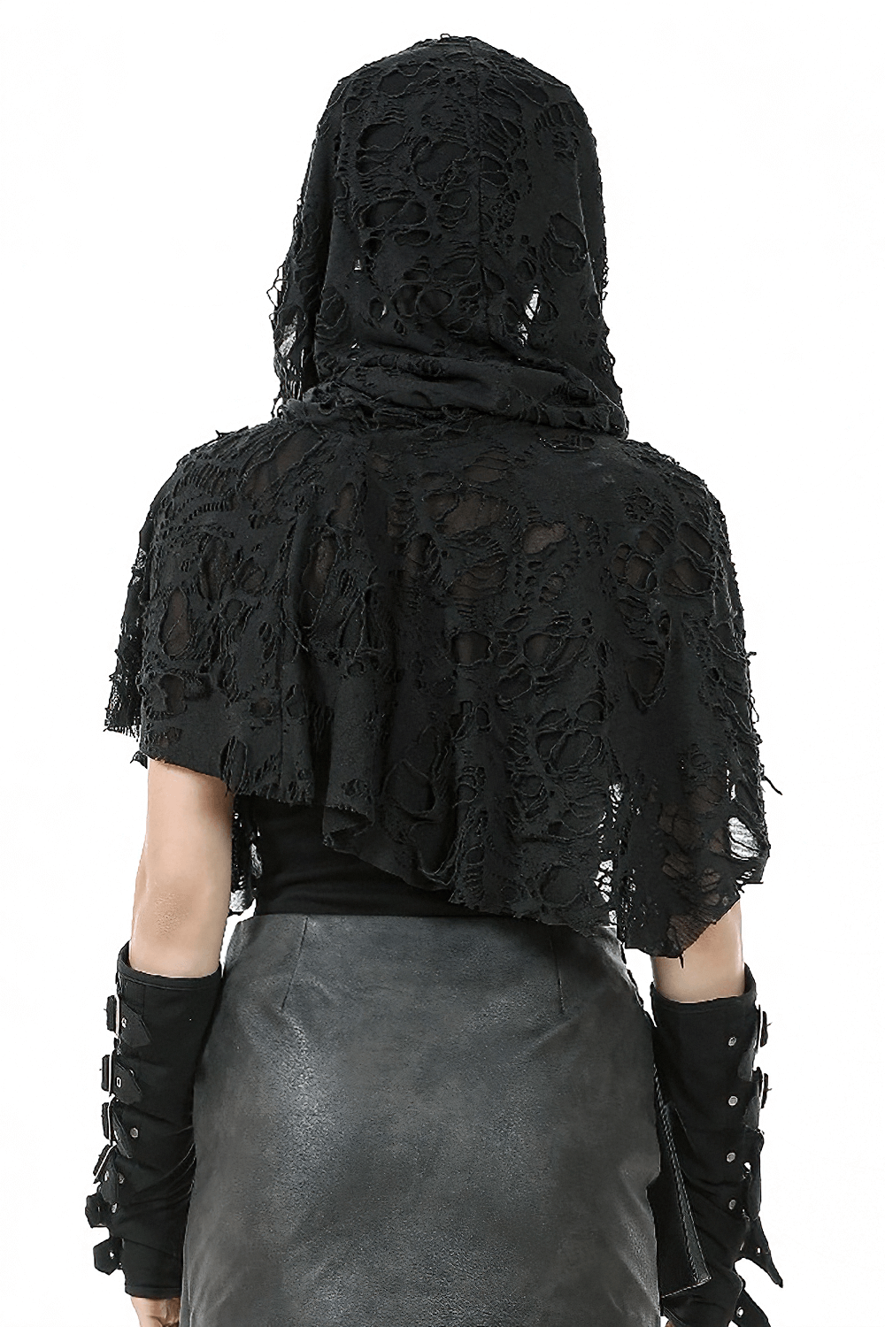 Distressed punk hooded poncho cape with tattered design, showcased from the back view.